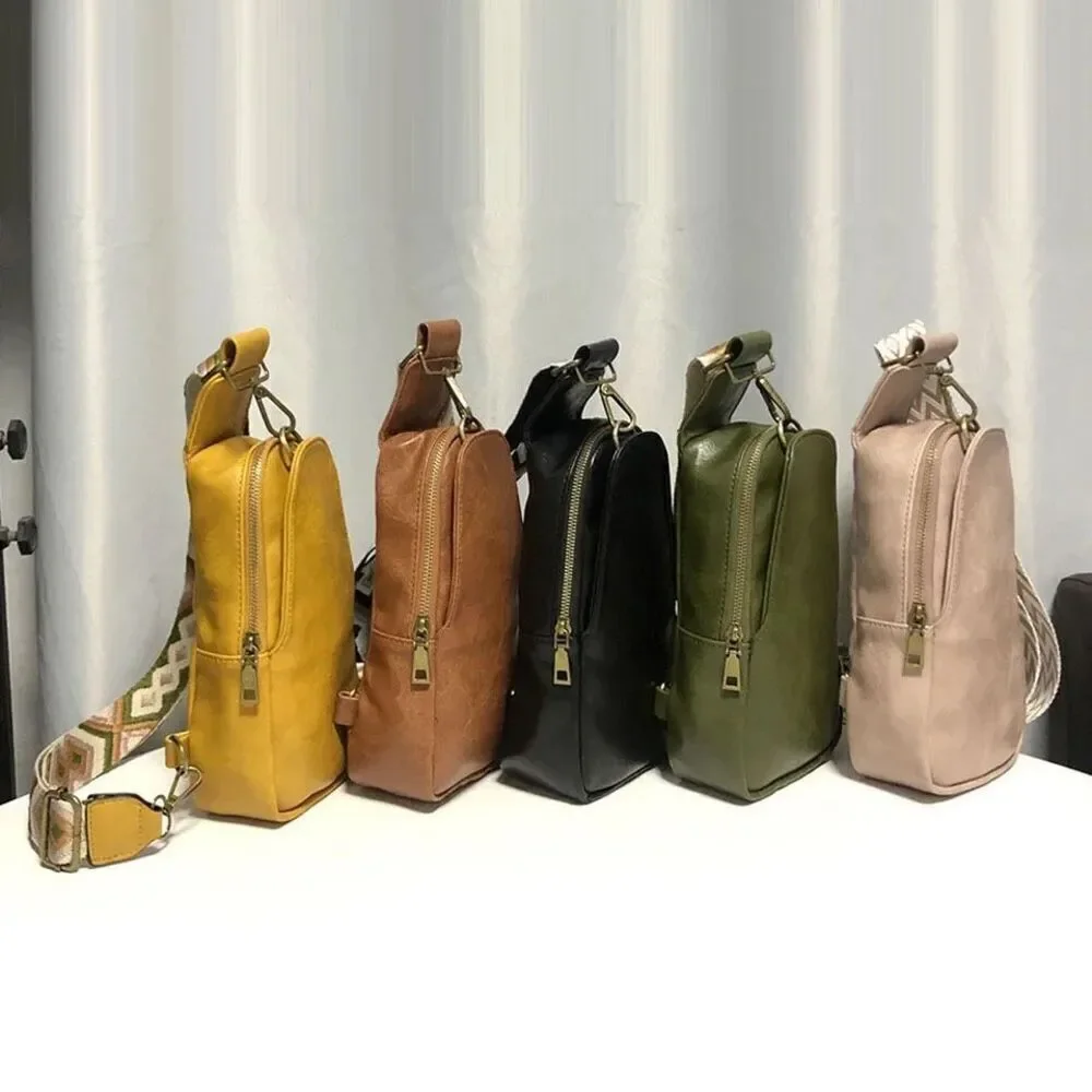 Boho Olive Green Leather Sling Bag Purse With Adjustable Guitar Strap New